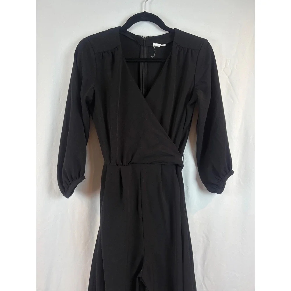 Black Wrap‎ V-Neck Jumpsuit 3/4 Sleeve Wide Leg Belted One-Piece Romper